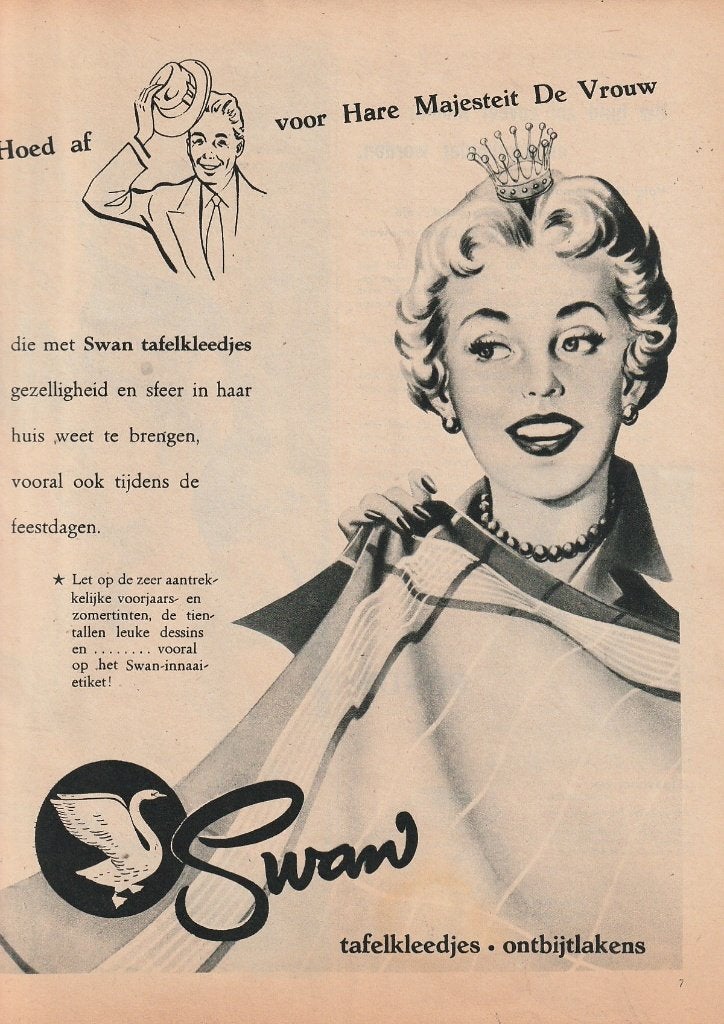 Retro reclame 1955 Swan tafelkleden voor hare majesteit, Verzenden, Overige typen