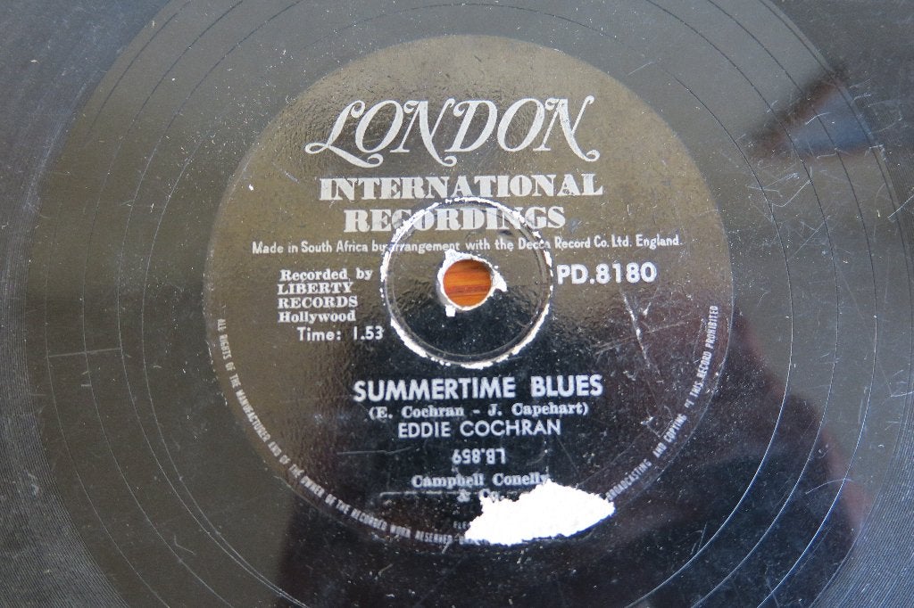 Eddie Cochran Summertime blues 78rpm 78 toeren zuid afrika, Gebruikt, 10 inch, Ophalen of Verzenden, Overige typen