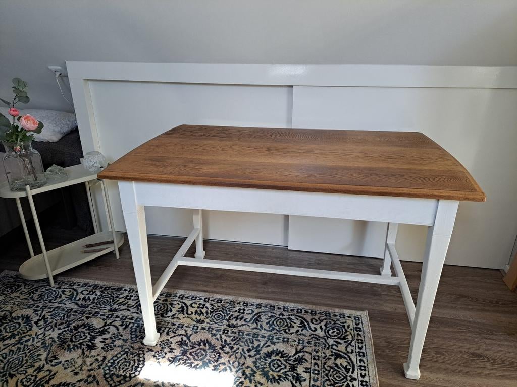 Vintage houten tafel, wit onderstel, eiken blad, Ophalen, Gebruikt, 100 tot 150 cm, 50 tot 100 cm