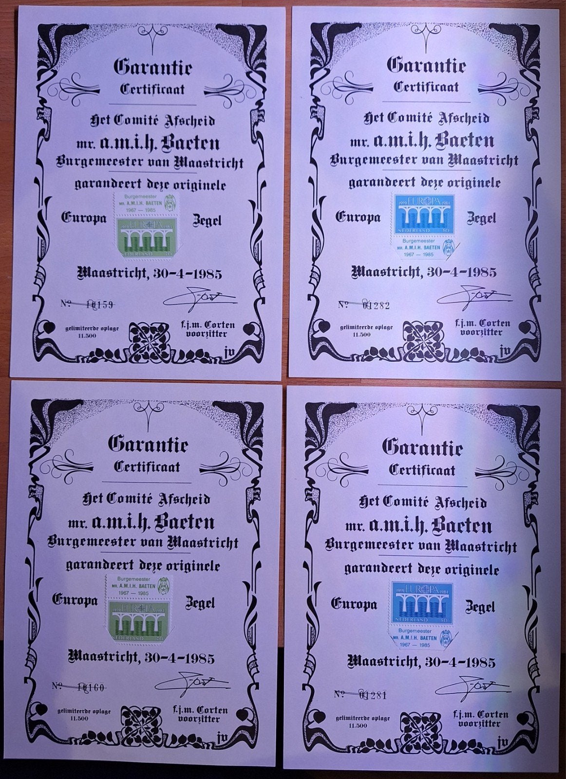 4x Garantie Certificaat Burgemeester Maastricht 1985, Ophalen of Verzenden
