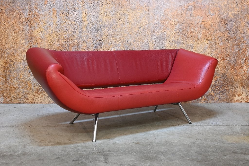 ZGANieuw! rode leren Leolux Arabella design bank, Leolux, Leolux, 150 tot 200 cm, Driepersoons