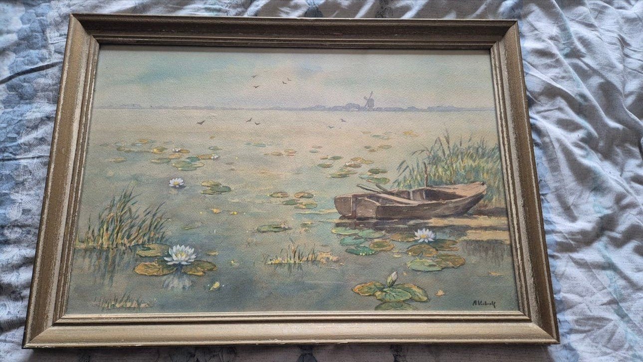 A. Verbeek aquarel - Landschap met waterlelies en boot, Ophalen of Verzenden