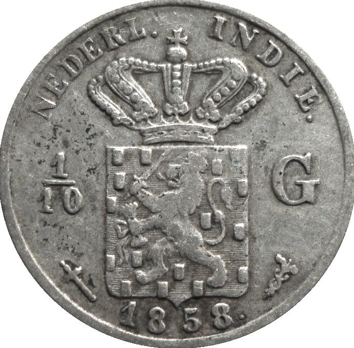 Nederlands-Indië 1/10 gulden 1858 (zilver), Ophalen of Verzenden, Zuidoost-Azië, Losse munt, Zilver