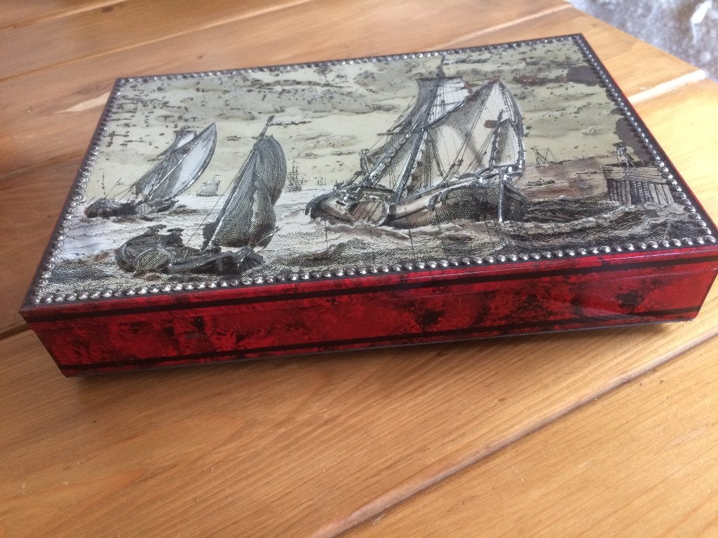 2 oude blikken met zeilschip afbeelding, Ophalen of Verzenden, Gebruikt, Overige