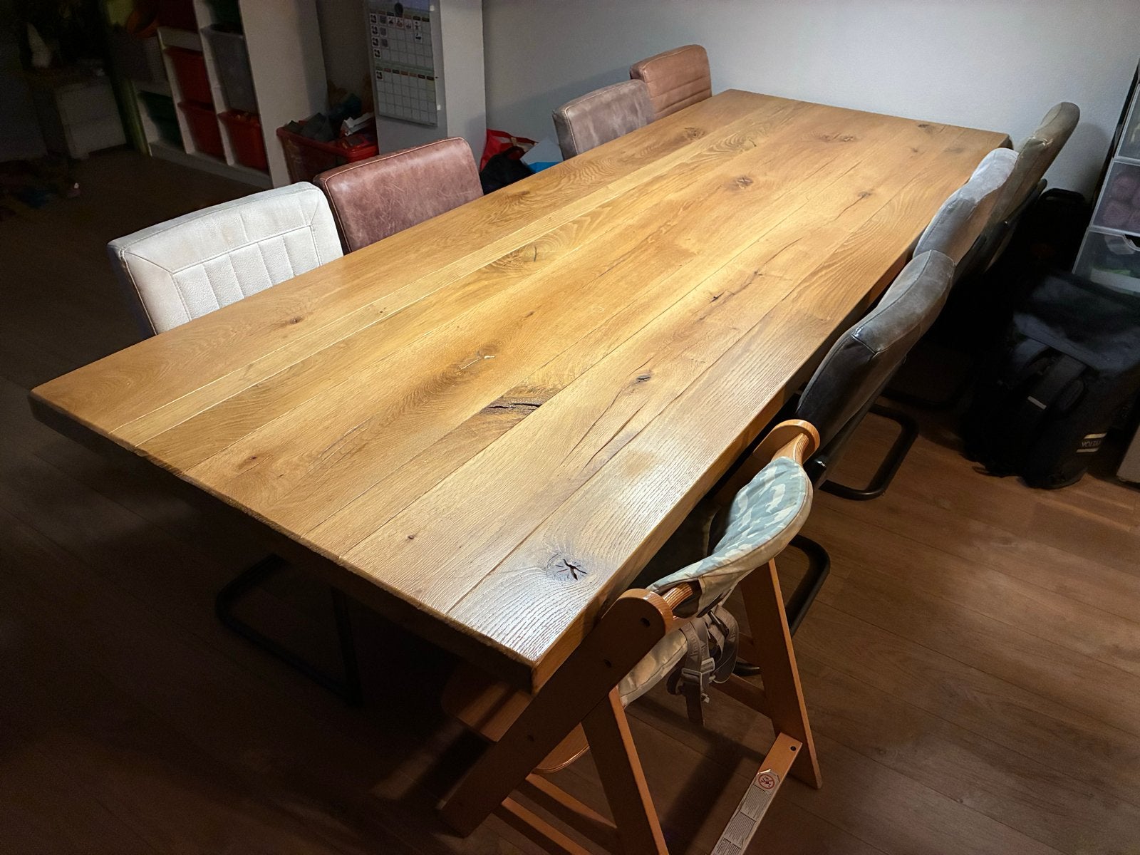 Robuuste eikenhouten eettafel met 8 stoelen, Ophalen, Gebruikt, Eikenhout, 200 cm of meer
