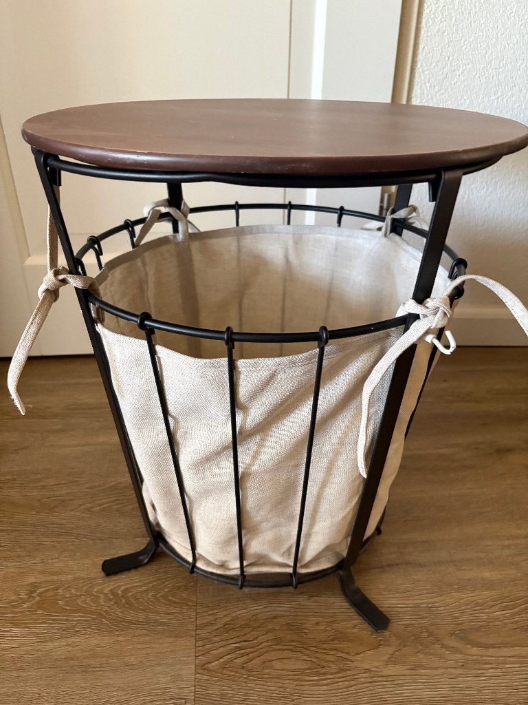 Opbergtafel Zwart/grenen lichtbruin, Als Nieuw, 45 tot 60 cm, Minder dan 55 cm, Rond, Ophalen of Verzenden