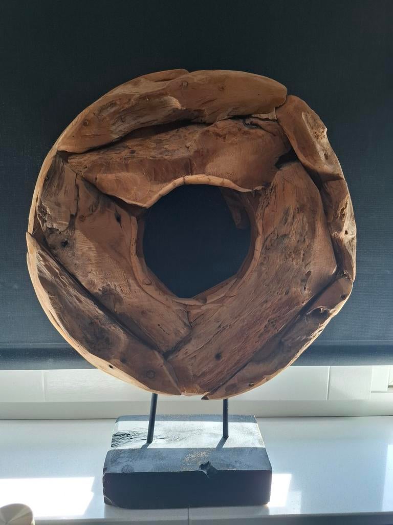 Unieke Teakhouten Decoratieve Schijf op Standaard, Ophalen