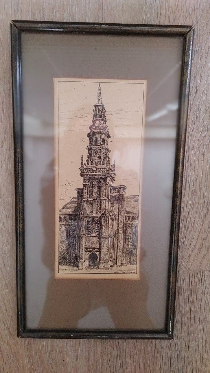 Oude ingelijste tekening van de Grote Kerk in Haarlem, Antiek en Kunst, Ophalen of Verzenden, Tekening, Pentekening, Achter glas
