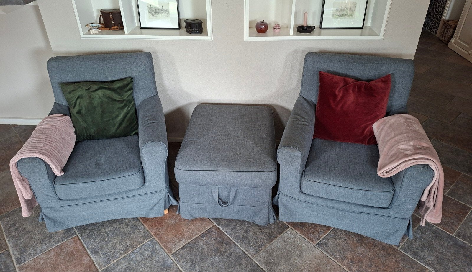 2x Ikea grijze Ektorp Jennylund fauteuils + hocker, Ophalen, Gebruikt, 75 tot 100 cm, Stof
