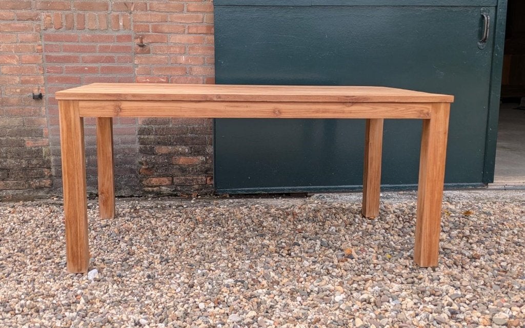 Showroommodel teak eettafel 160 cm, Huis en Inrichting, Ophalen, Teakhout, 50 tot 100 cm, Zo goed als nieuw
