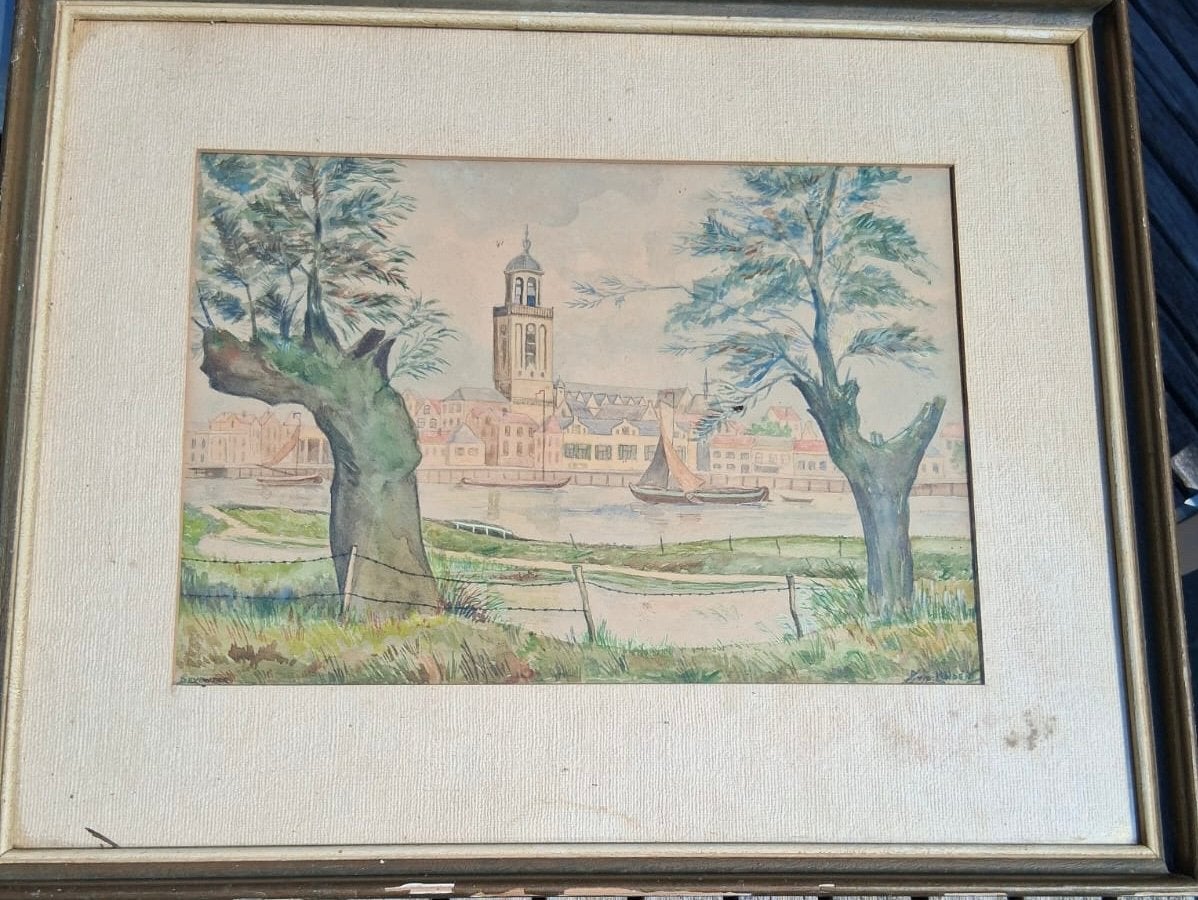 Aquarel P. v.d. Linden, Ophalen of Verzenden, Origineel werk, Aquarel, Stads- / dorpsgezicht