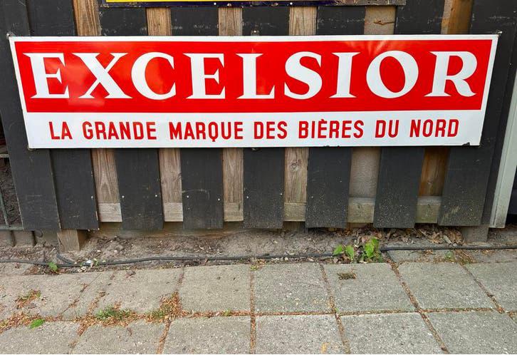 Emaille reclamebord Excelsior Bier Vintage, Frans, Horeca, Ophalen, Gebruikt, Reclamebord
