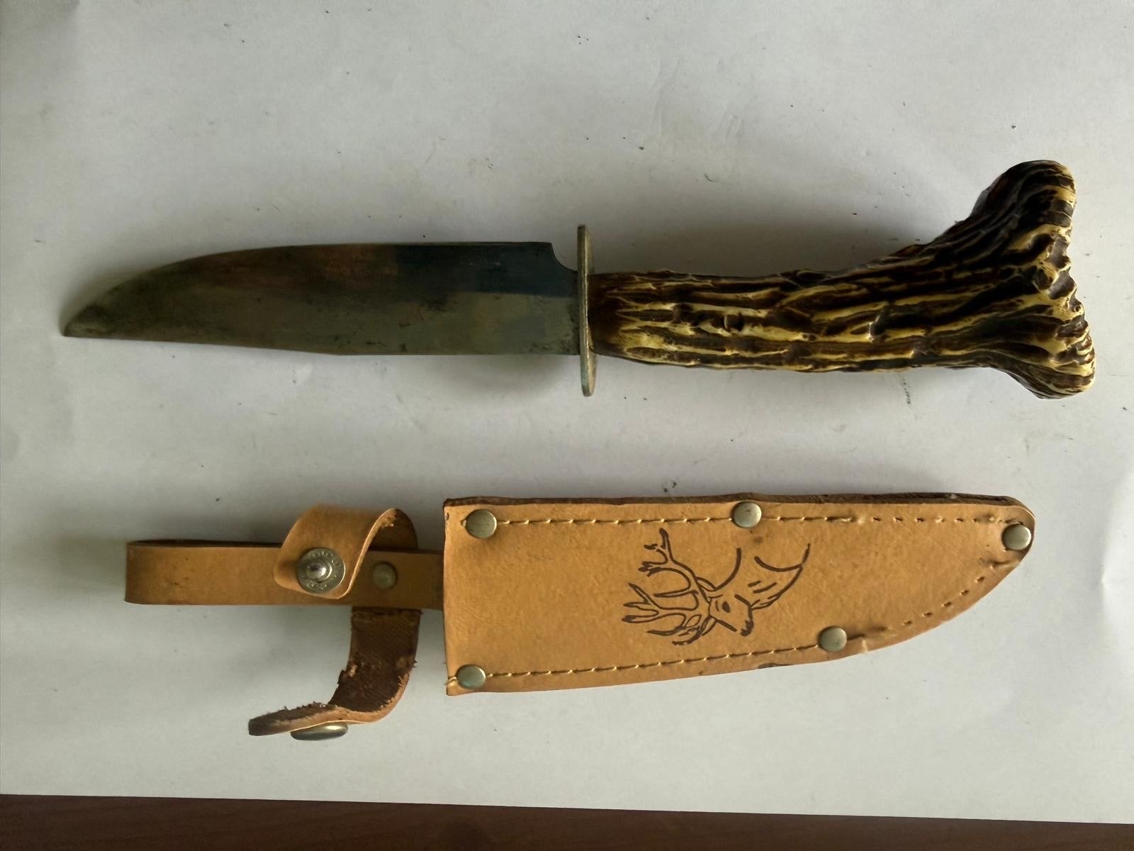 Vintage jachtmes met hertshoorn handvat en leren schede, Ophalen of Verzenden