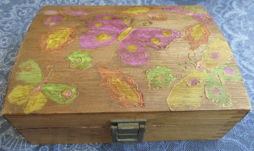 houten 4 vaks (thee) doos met vlinders er op, Huis en Inrichting, Ophalen of Verzenden