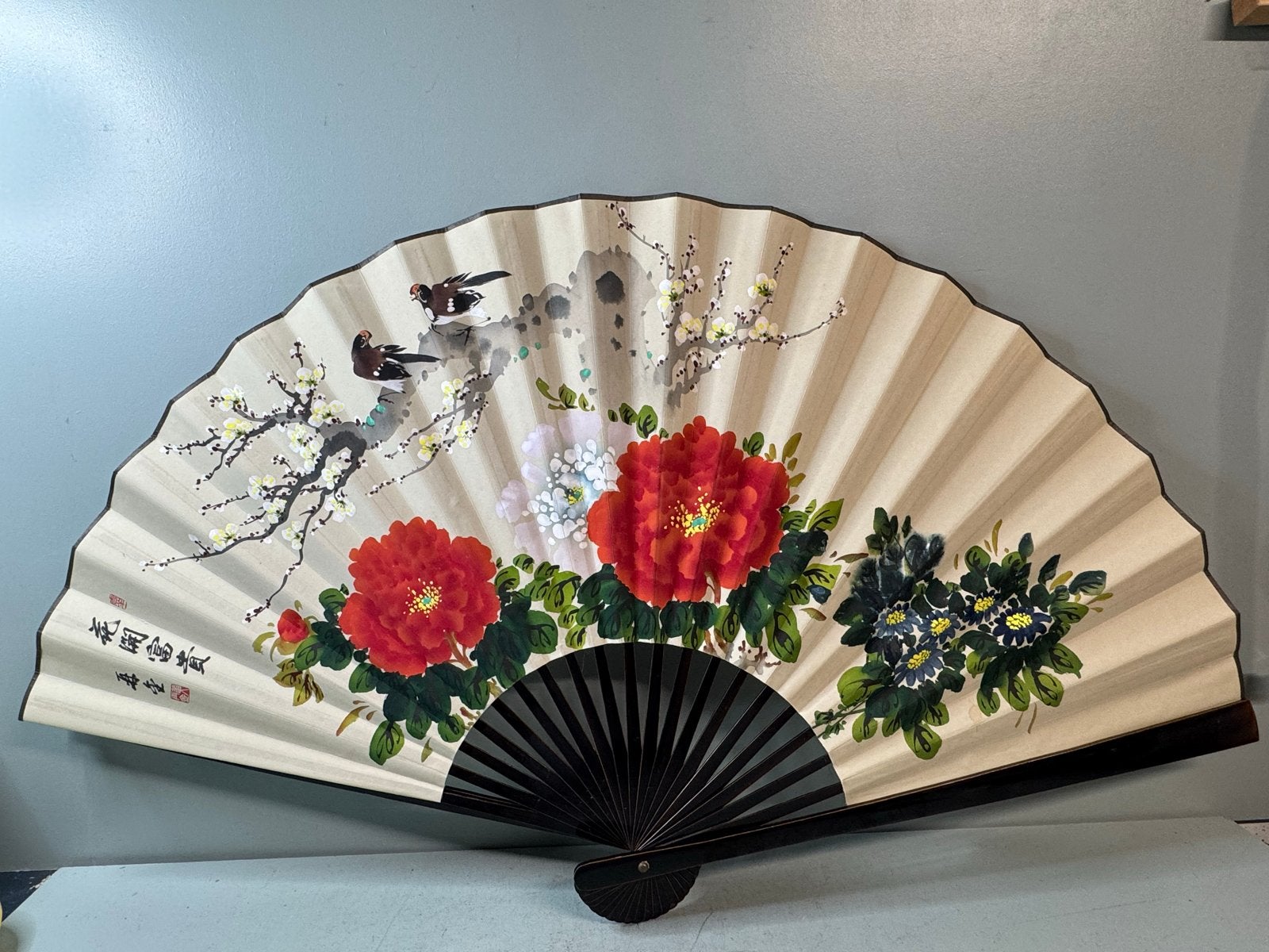 Grote decoratieve waaier met bloemen en vogels, Ophalen of Verzenden