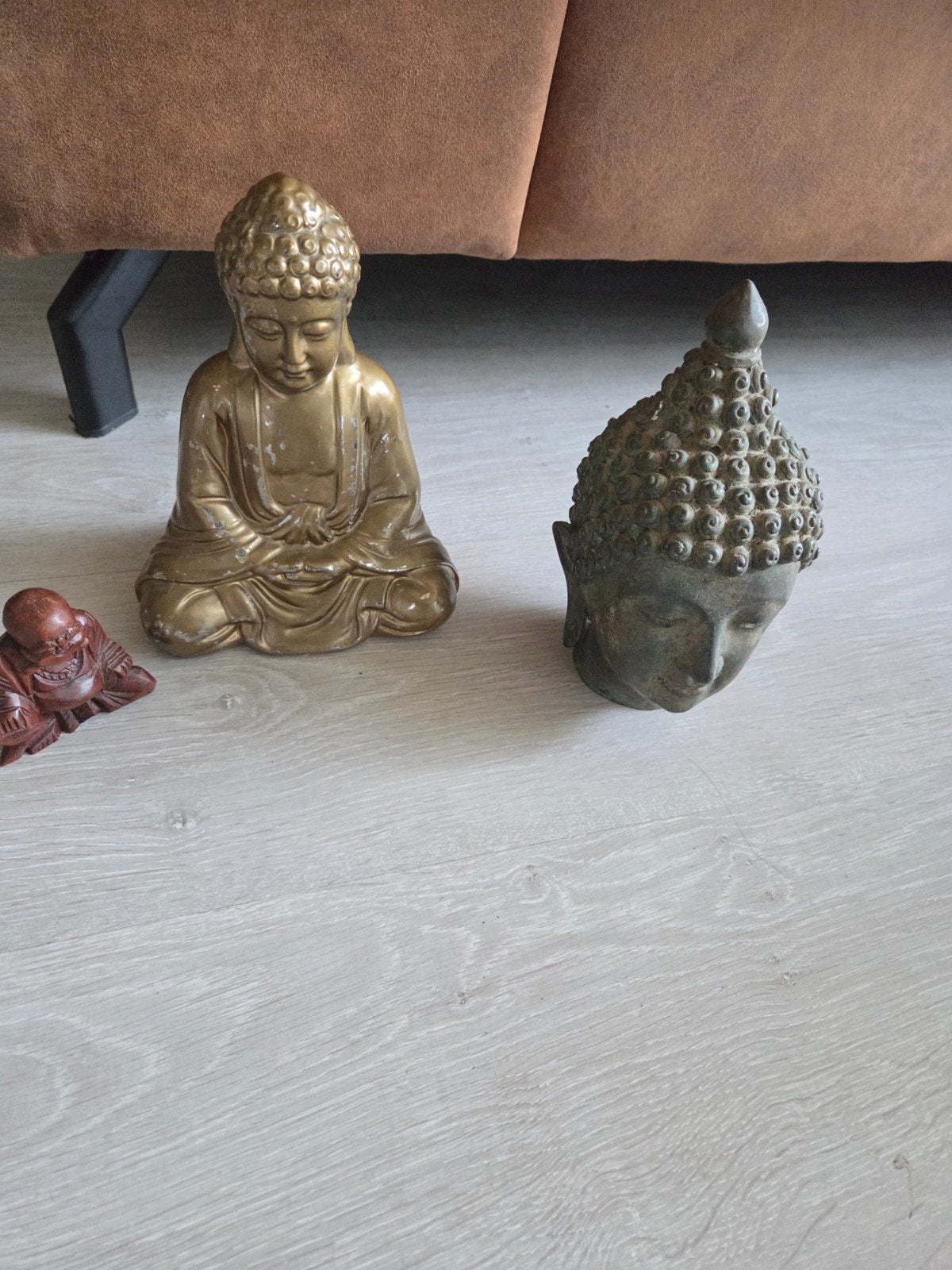 Set van 3 Boeddha Beelden: Zittend, Hoofd en Lachend, Huis en Inrichting, Ophalen, Metaal, Gebruikt, Goud