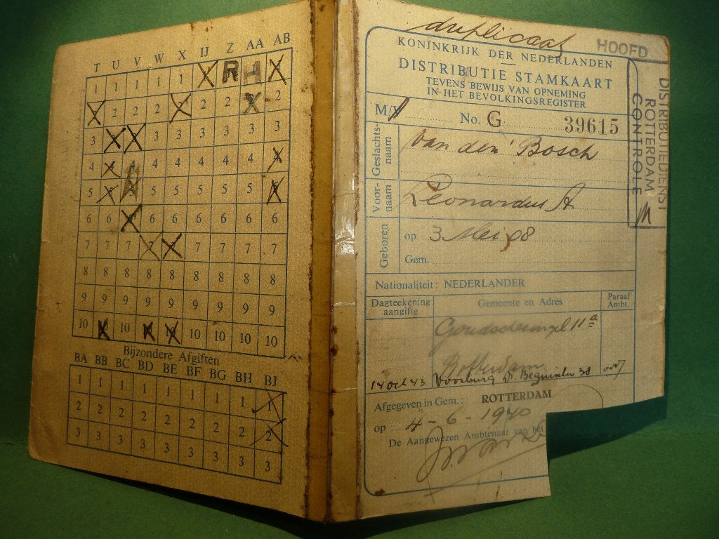 DISTRIBUTIE STAMKAART ( 4 - 6 - 1940) ROTTERDAM, Ophalen of Verzenden, Landmacht, Zie beschrijving, Tweede Wereldoorlog