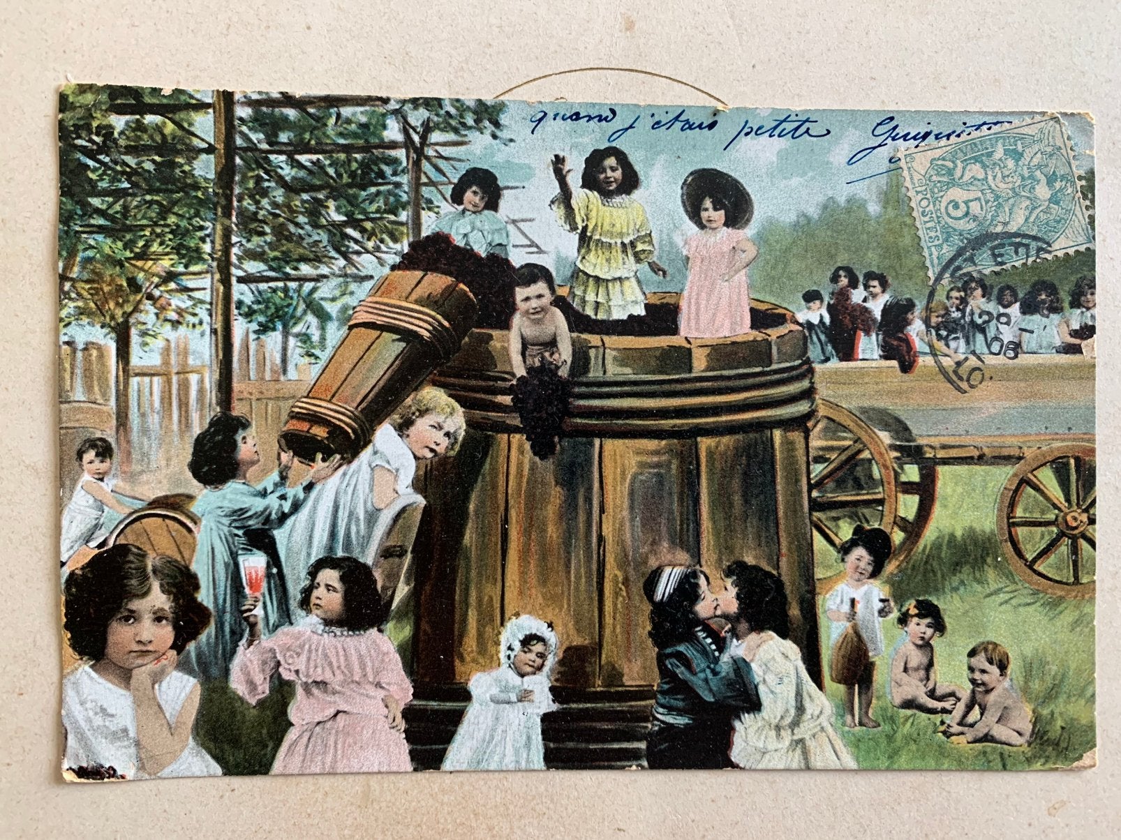 1908 Kindjes en baby’s helpen bij de druivenoogst (BA), Ophalen of Verzenden, Voor 1920, Gelopen, Kinderen