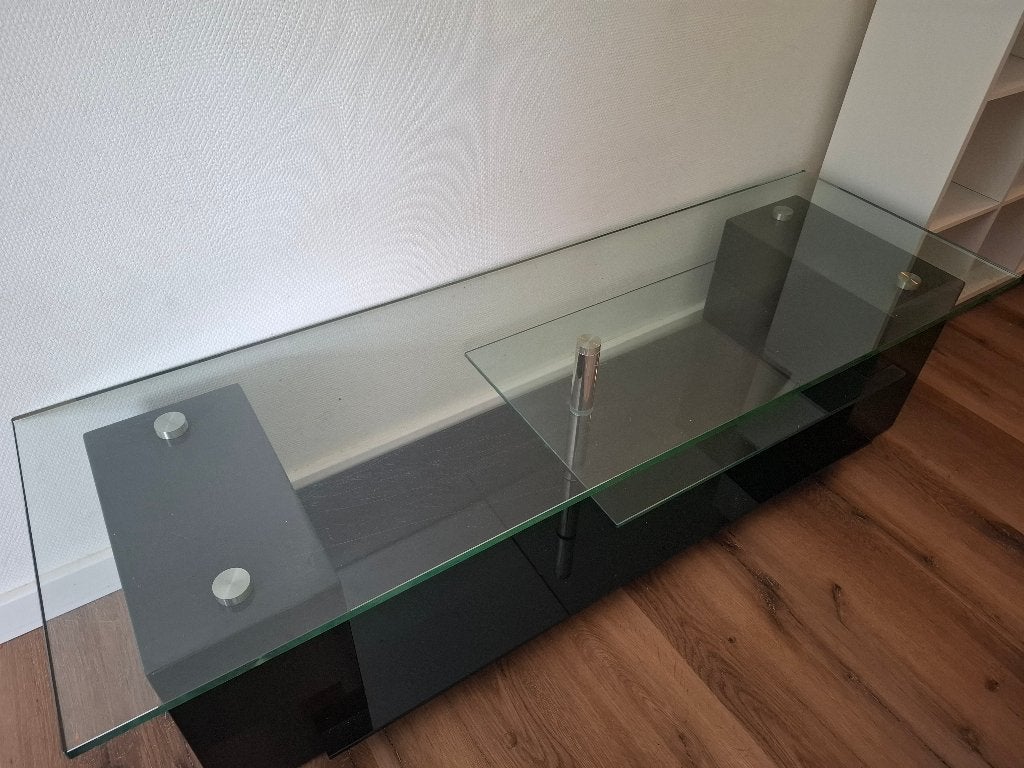 Glazen tv meubel, Ophalen, Gebruikt, 100 tot 150 cm, Glas, strak