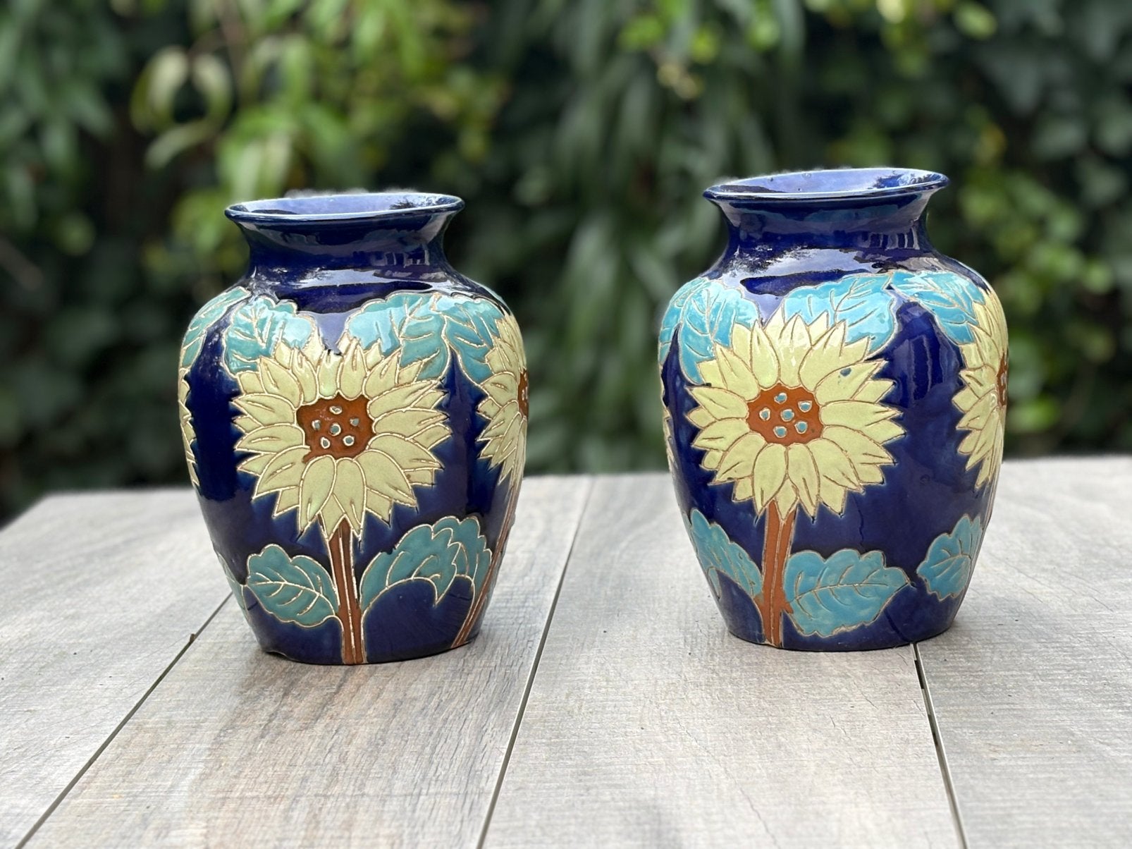 keramische vaas x 2 - zonnebloem, Ophalen, Gebruikt, Blauw, 25 cm