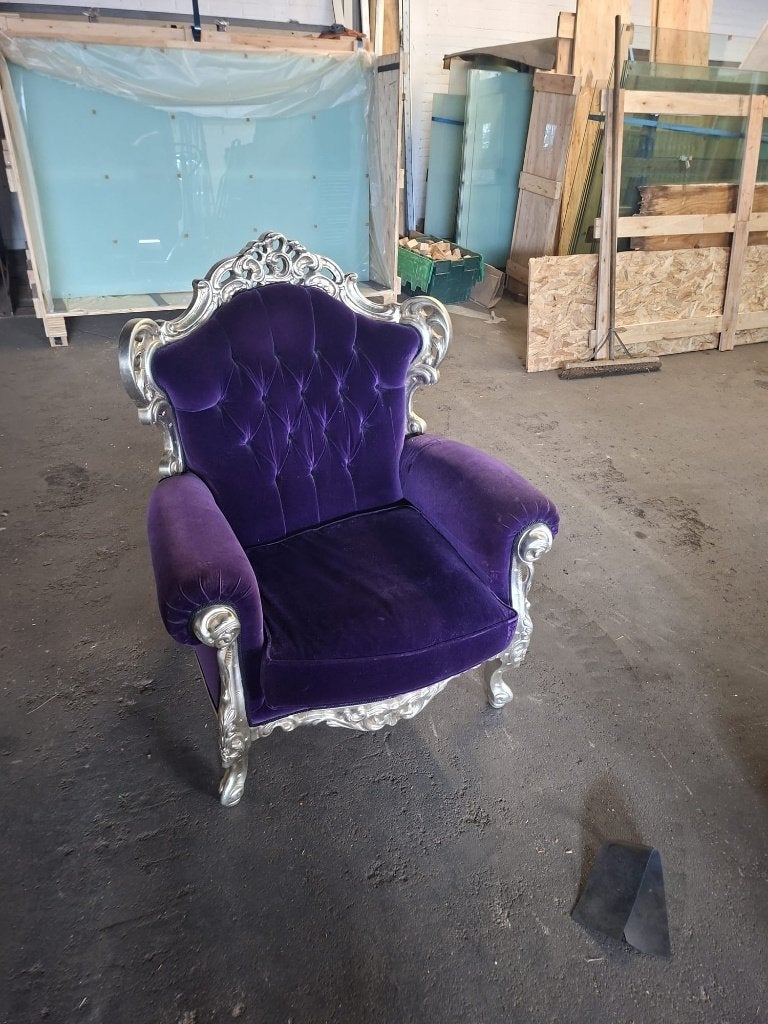 Barokke fauteuil - Paars fluweel met zilveren accenten, Ophalen, Hout, Gebruikt, 75 tot 100 cm
