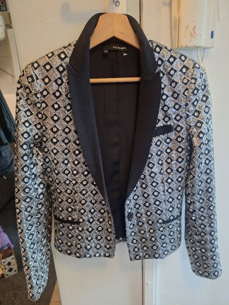 Prachtige zwart/witte (bling bling!) dames colbert, maat XS, Zwart, Ophalen of Verzenden, Zo goed als nieuw, Jasje