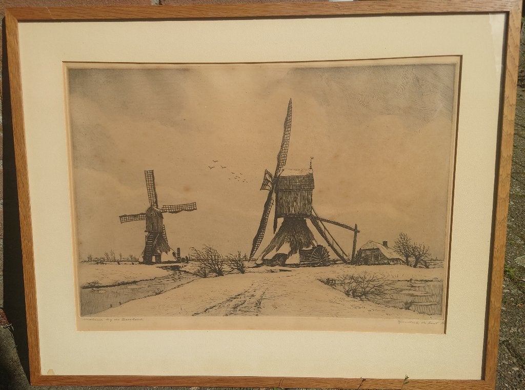 Hendrik de Laat (1900-1980) Molens bij de Biesbosch ~1930, Origineel, Ophalen of Verzenden, Landschap, 49 cm