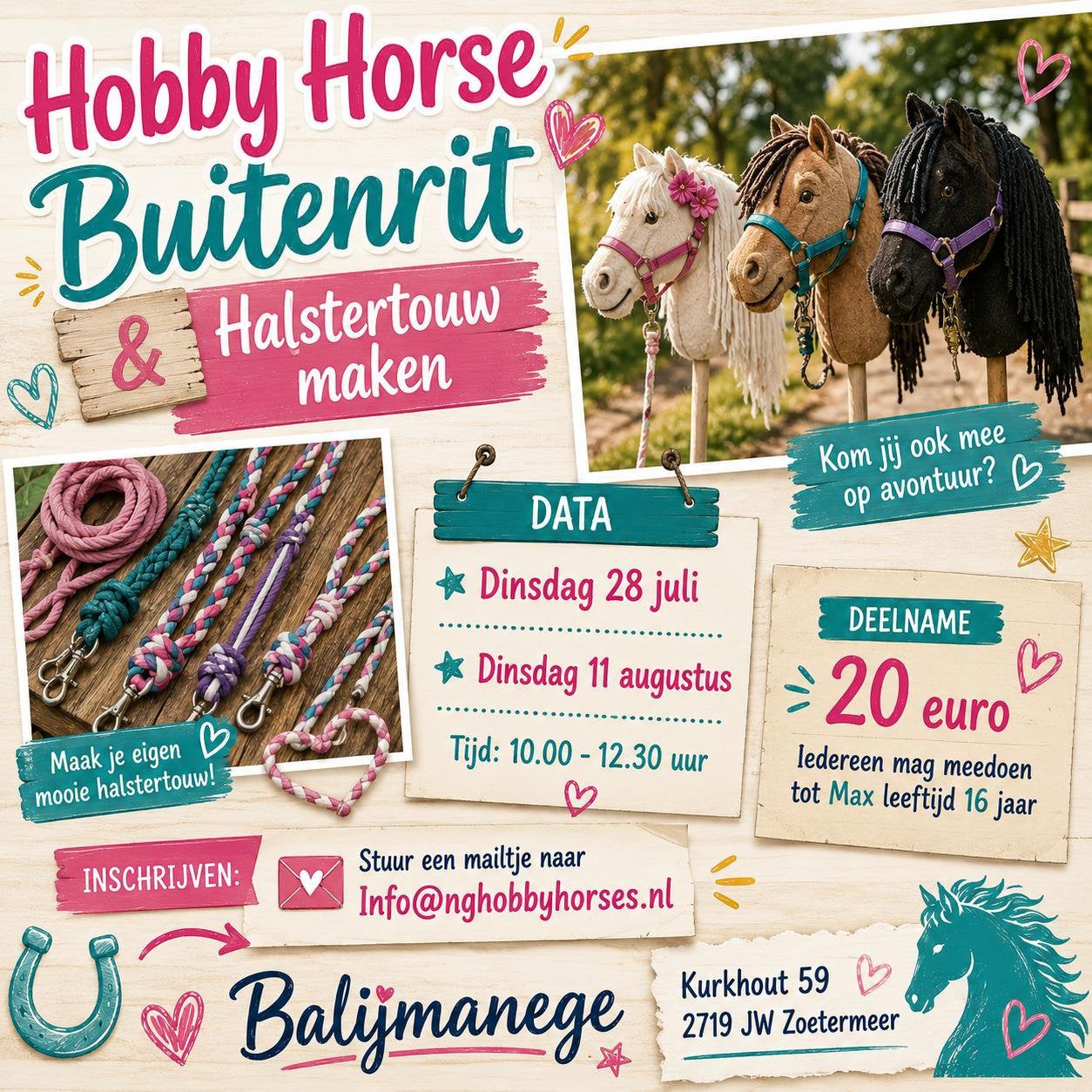 Hobbyhorse buitenrit en workshop halstertouw maken, Ophalen
