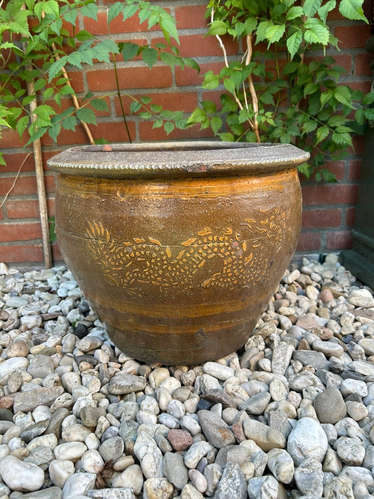 Grote geglazuurde Chinese/Aziatische drakenpot / bloempot, Tuin en Terras, Bloembakken en Plantenbakken, Ophalen, Steen, Gebruikt