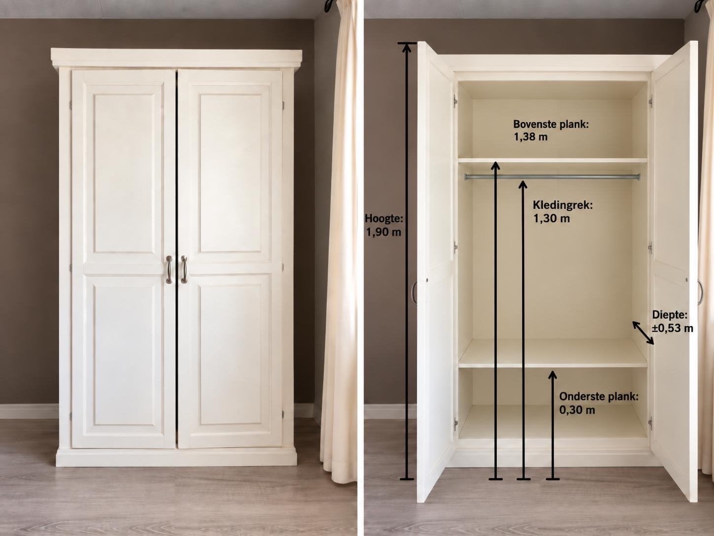 Witte kledingkast met hangruimte en planken, Huis en Inrichting, Ophalen, Gebruikt, 50 tot 100 cm, 150 tot 200 cm