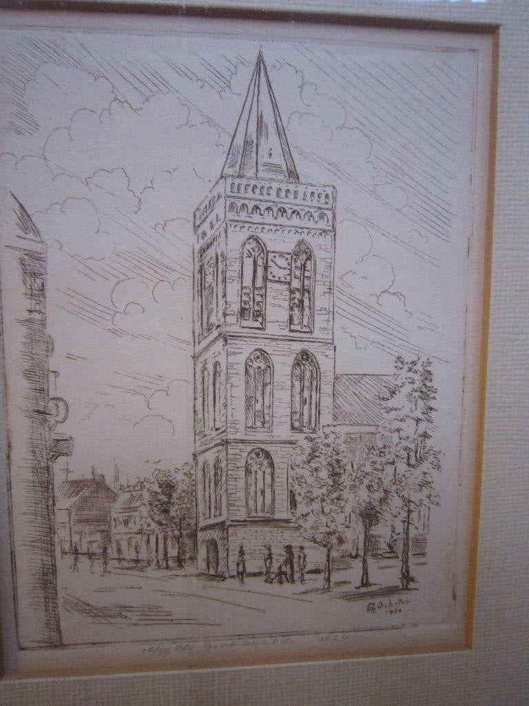 Etsje van de Grote kerk in Ede, in lijstje, Ophalen, Architectuur, Ets, 1900 - 1949