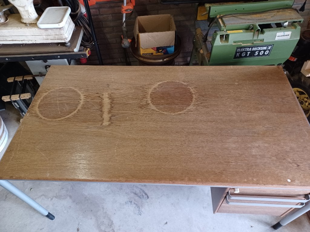 stalen buro met houtenblad, Huis en Inrichting, Ophalen, Gebruikt, Hout, Bruin