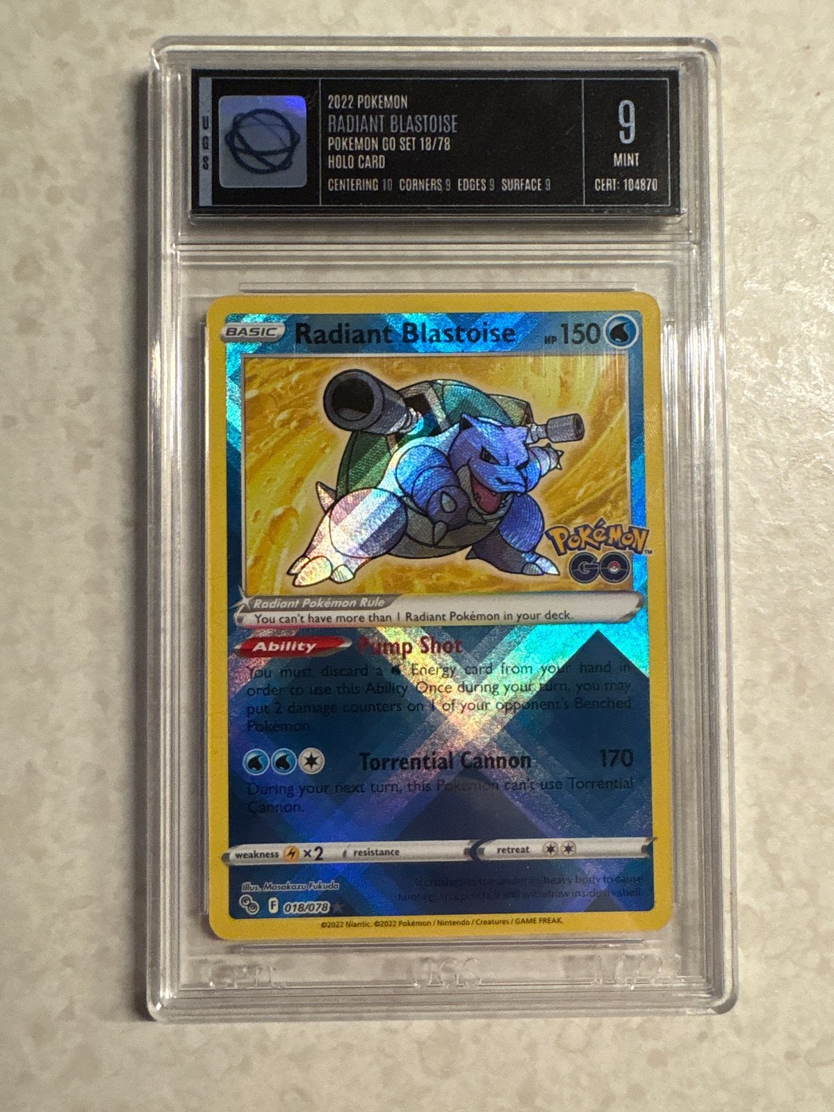 Radiant Blastoise Pokémon GO 18/78 UGS 9 Mint, Ophalen of Verzenden, Zo goed als nieuw, Losse kaart, Foil
