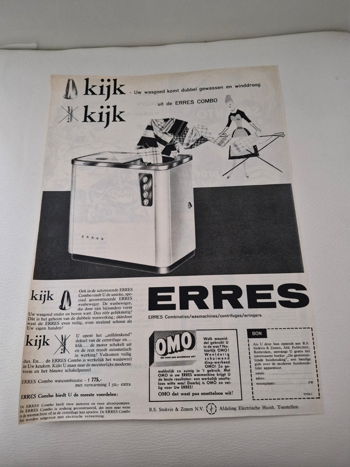 04 Vintage Erres Combo Wascombinatie Advertentie 32x24 cm, Ophalen of Verzenden