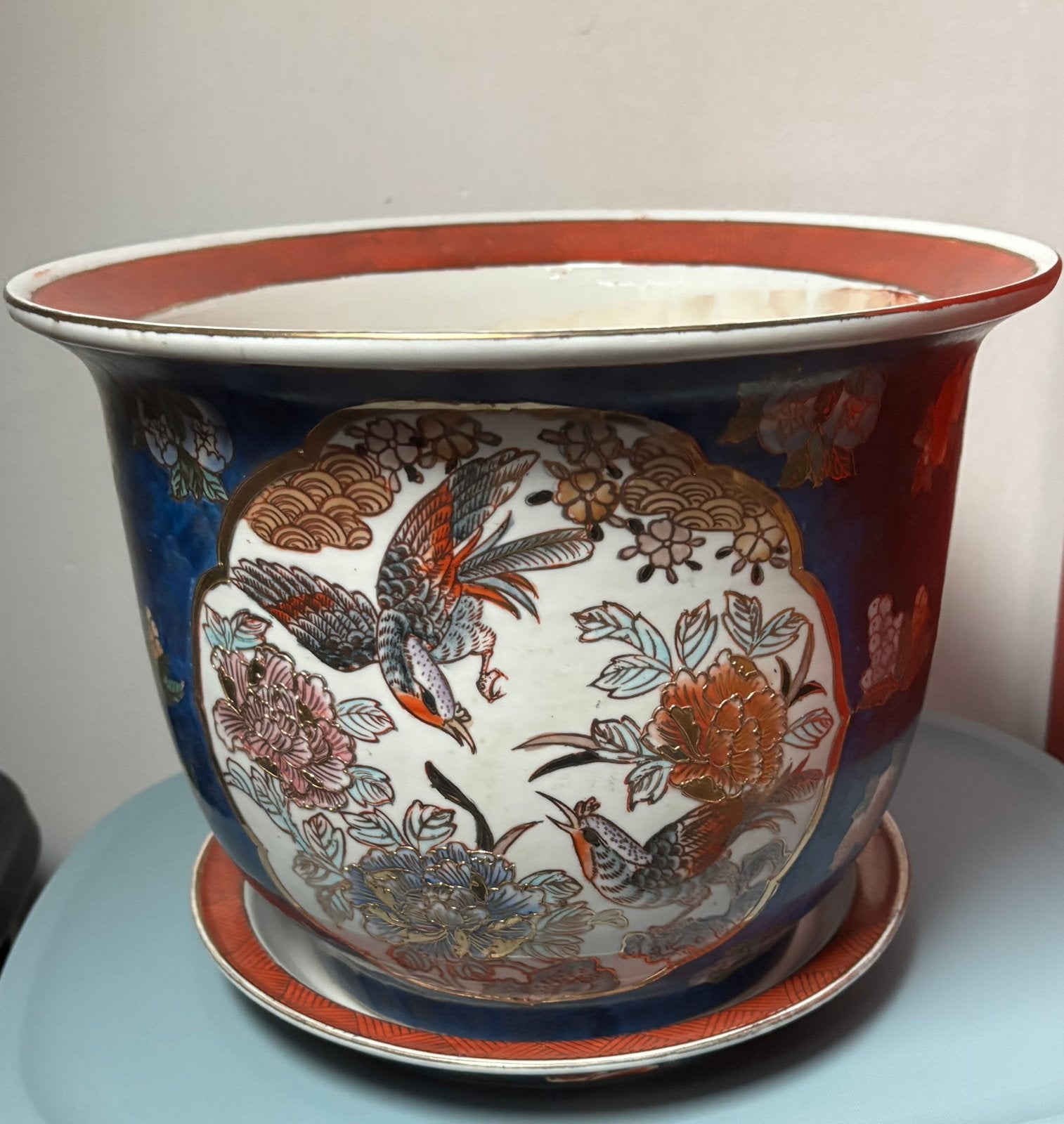Vintage Chinese cachepot bloempot met schotel gemerkt, Ophalen of Verzenden