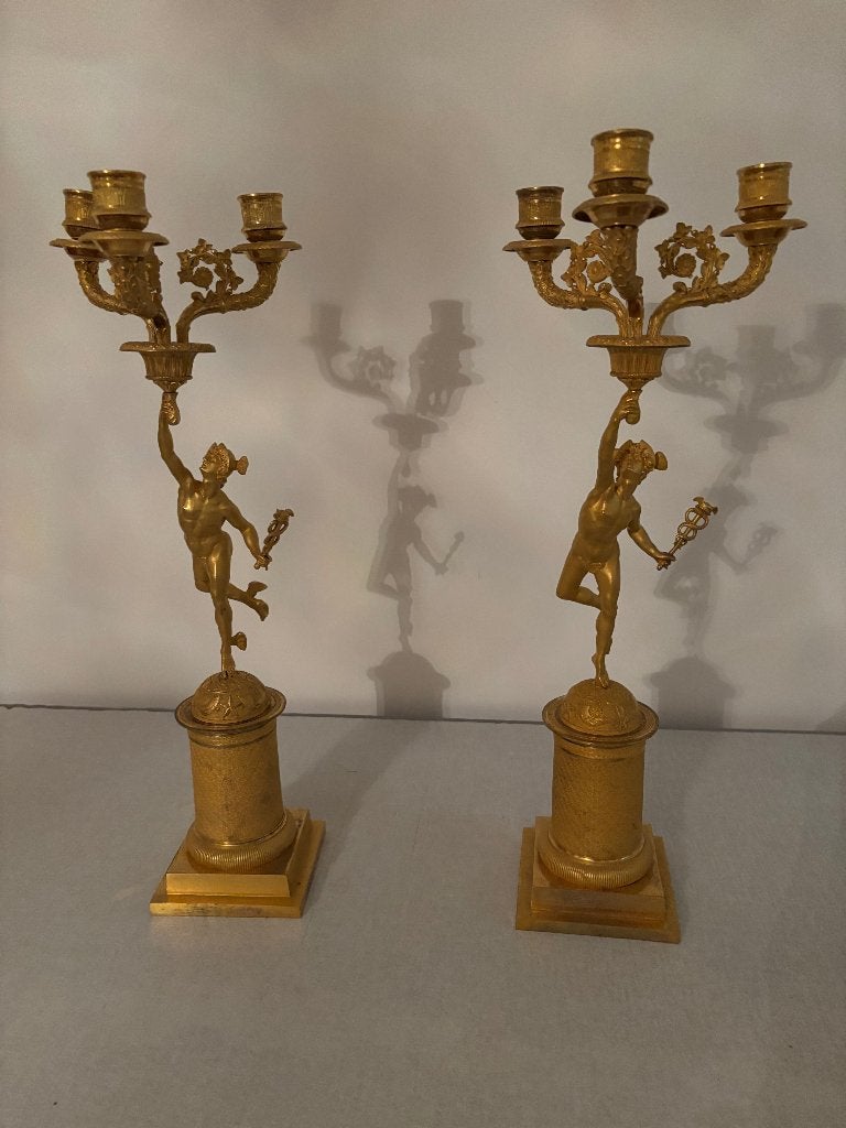 Stel antieke vuurvergulde Empire kandelaars, Ophalen of Verzenden, Koper of Brons