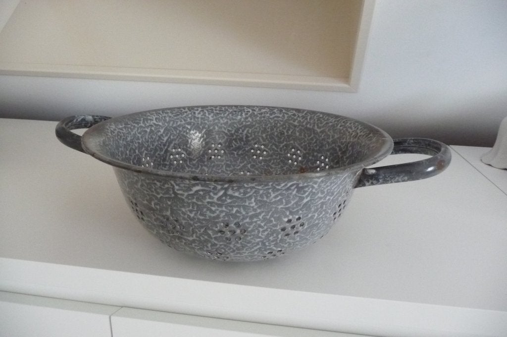 Vintage geëmailleerd vergiet met handvatten, Ophalen of Verzenden