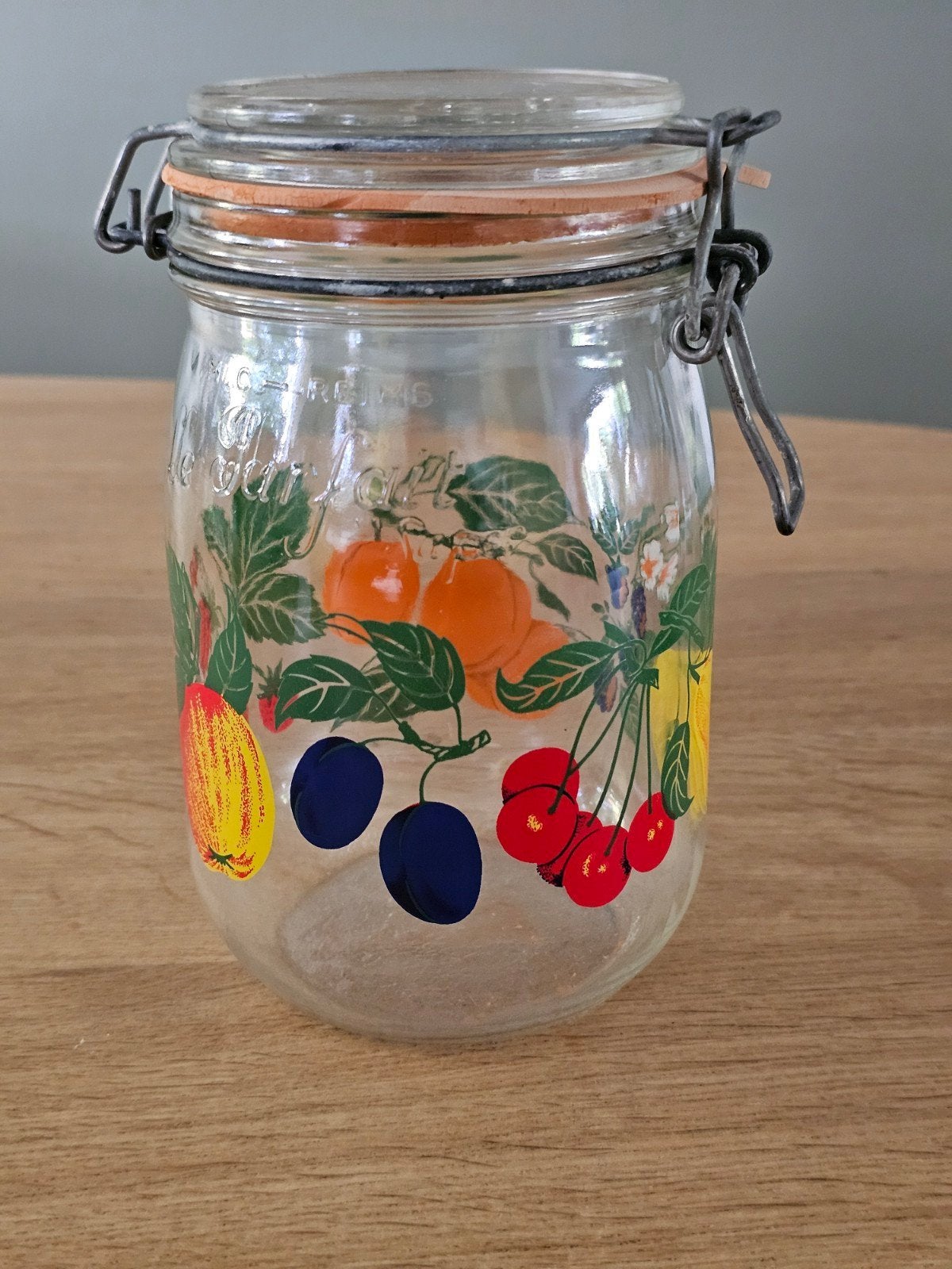 Vintage Le Parfait Super weckpot 1L – Fruitmotief jaren 70, Pot, Bus of Blik, Ophalen of Verzenden, Overige merken, Glas