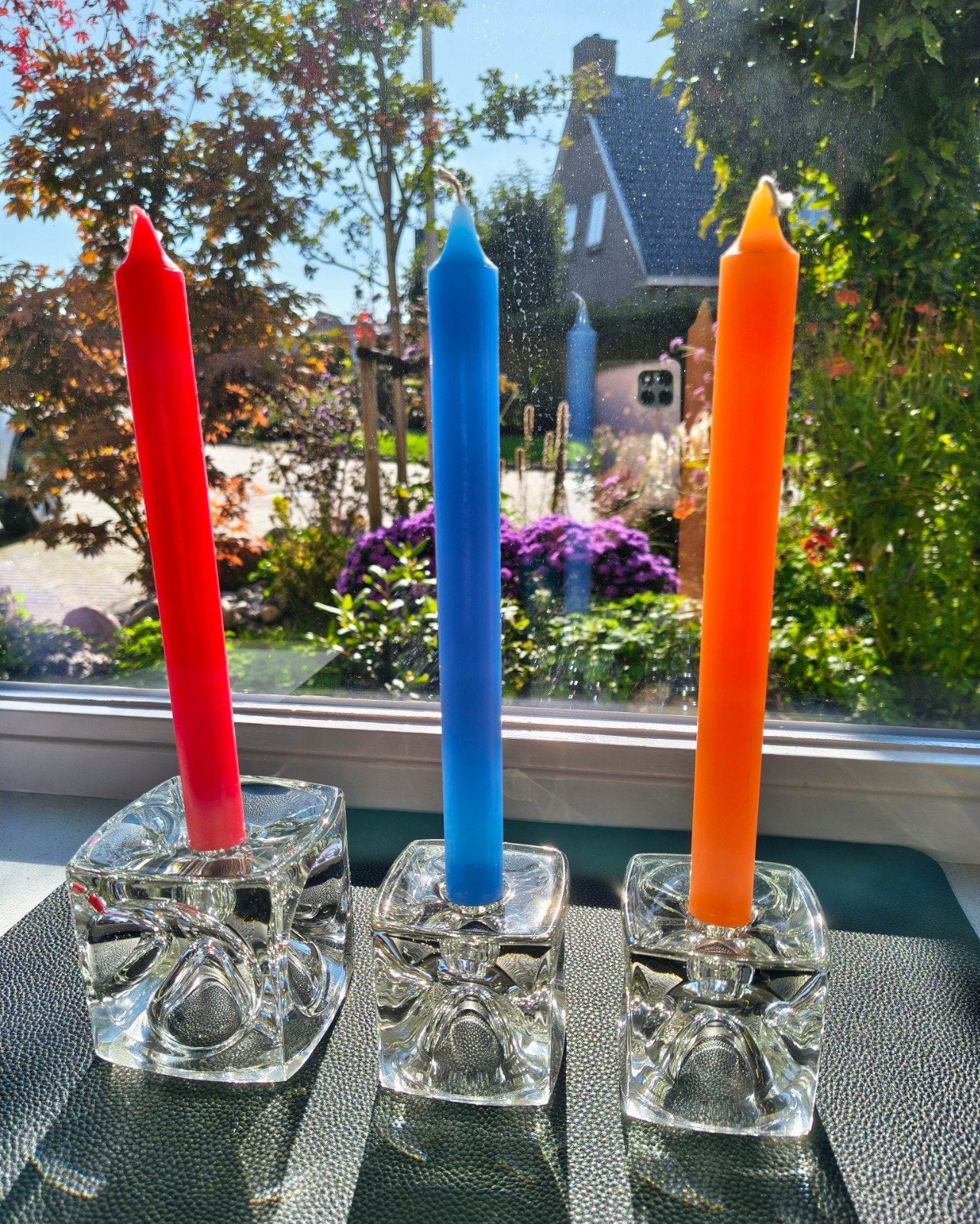 Set van 3 Sklo Union vintage kandelaars Ice Cube Midcentury, Ophalen of Verzenden, Zo goed als nieuw, Glas