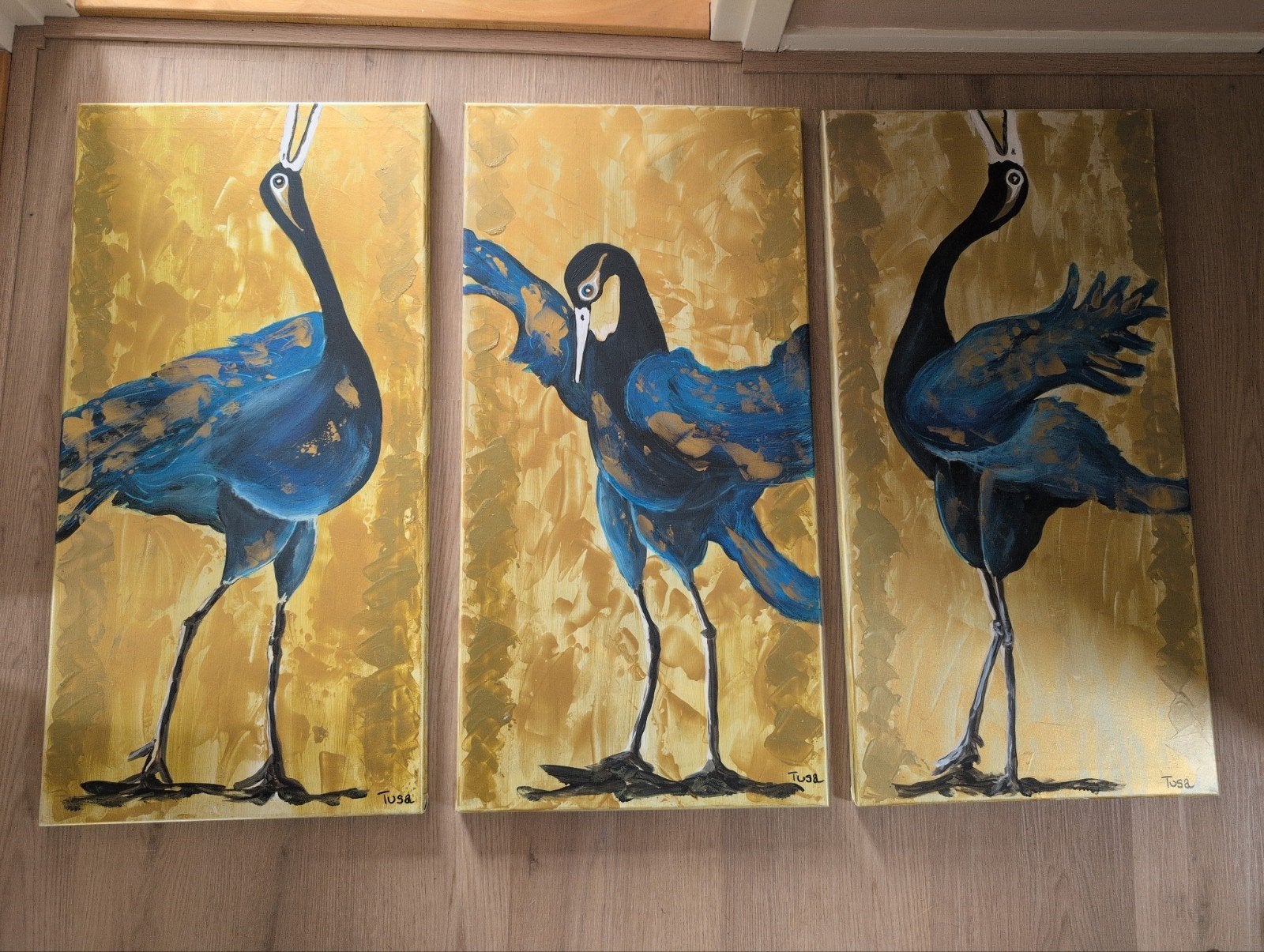 Drieluik schilderijen van vogels 3x 80x40cm, Ophalen of Verzenden