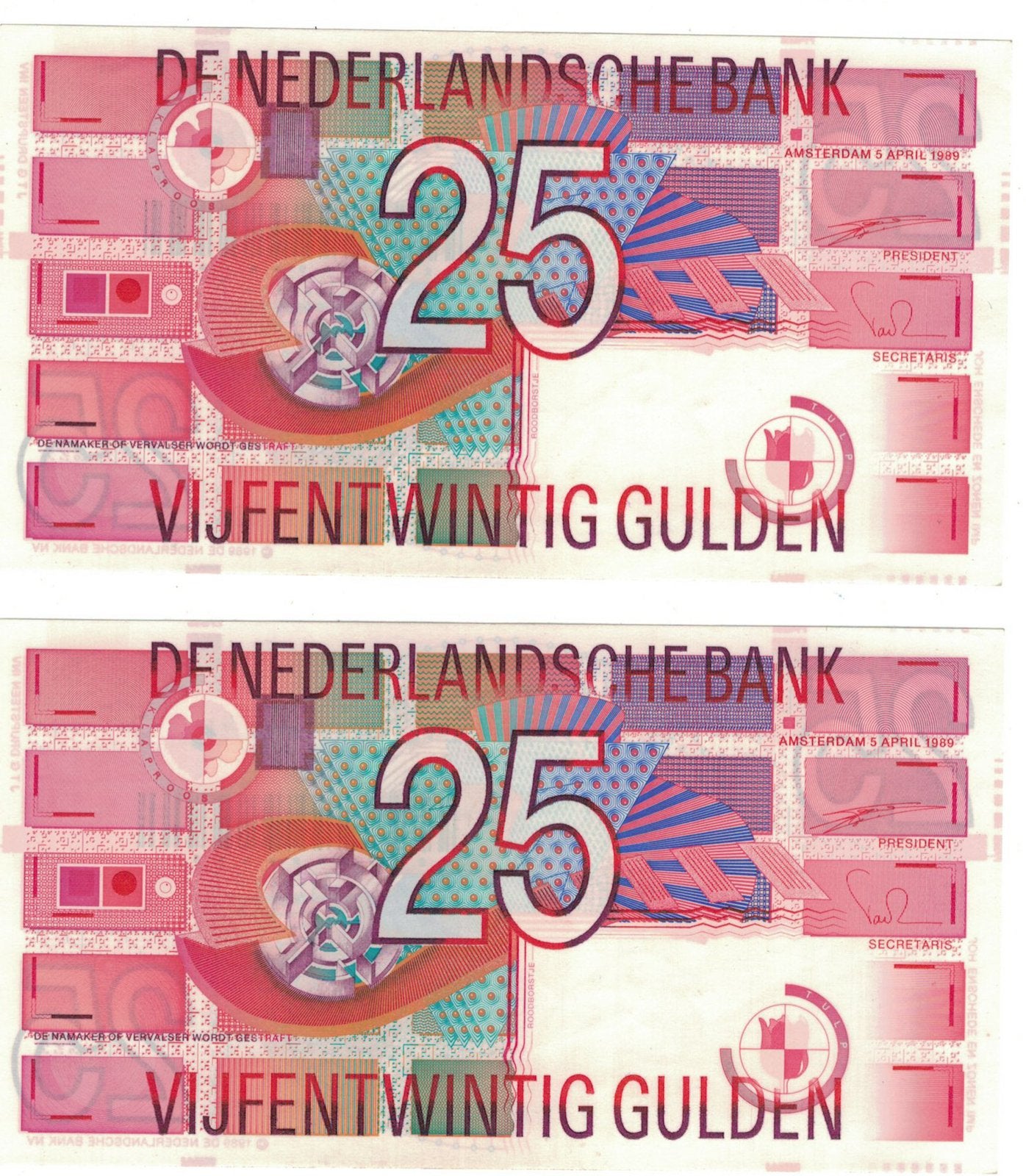 Set van 2  25 Gulden Roodborstje opeenvolgende nummers, Verzenden, 25 gulden