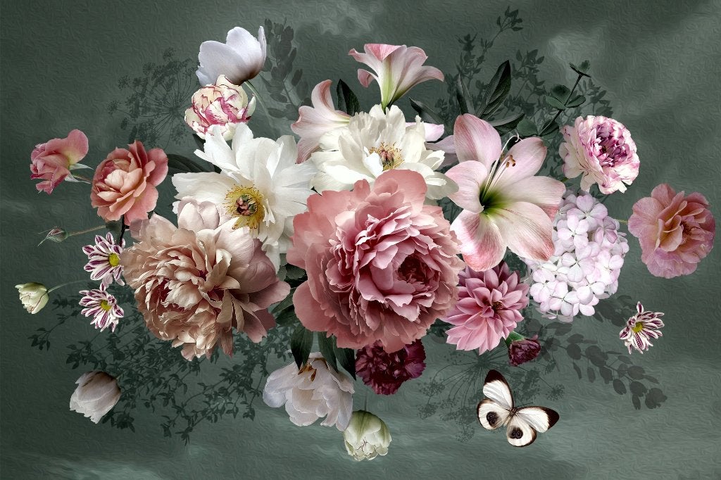 Pioenrozen boeket fotobehang VINYL, Bloemen, Ook op maat!, Ophalen of Verzenden, Fotobehang, Zwart