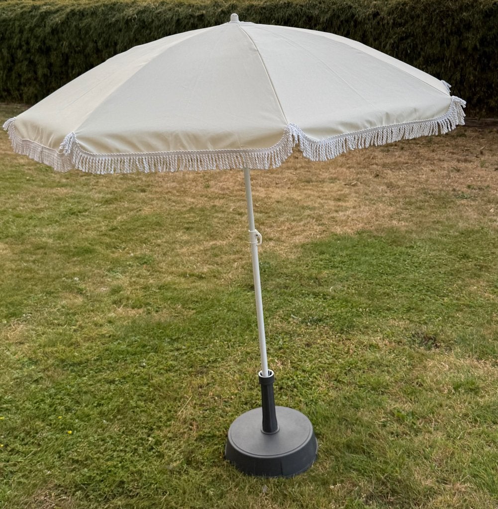 Parasol franjes beige 150x180, Ophalen, Nieuw, Verstelbaar, 1 tot 2 meter
