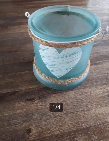 Blauwe theelichthouder met hart, Windlicht, Blauw, Ophalen of Verzenden, Glas