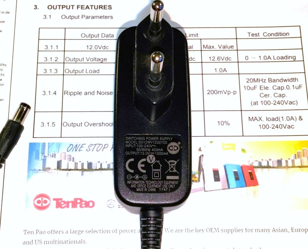 Ten Pao S012WV1200100 12V 1A 12W AC DC Adapter Lader Voeding, Ophalen of Verzenden, Zo goed als nieuw