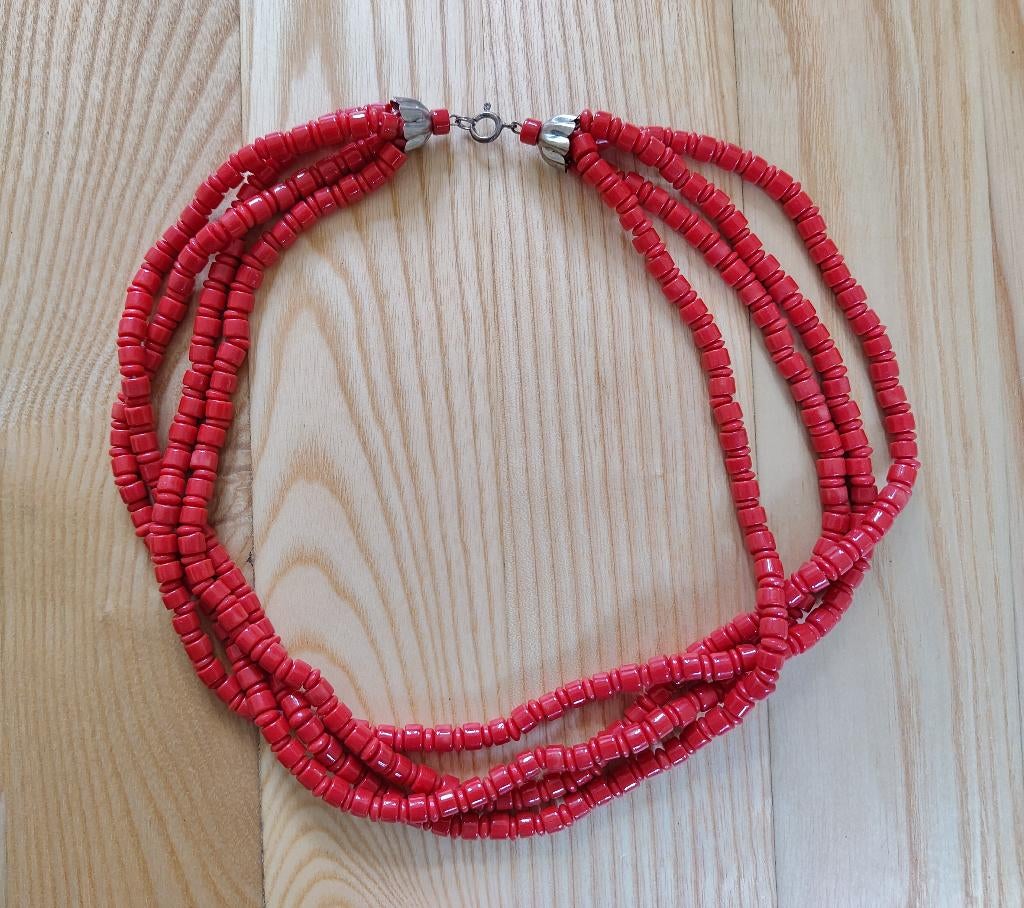 Italiaanse ketting 4 strengen koraalkleurige glaskralen, Sieraden, Tassen en Uiterlijk, Kettingen, Zo goed als nieuw, Overige materialen