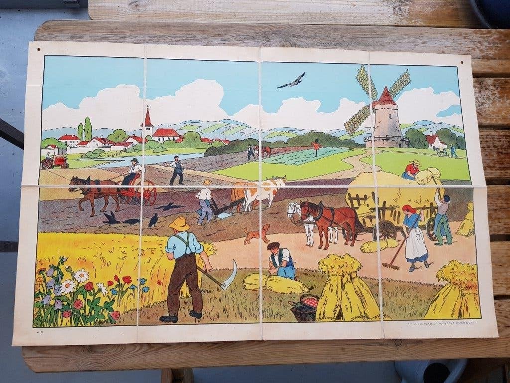 Hooi oogsten oude schoolplaat uit Frankrijk litho op canvas.