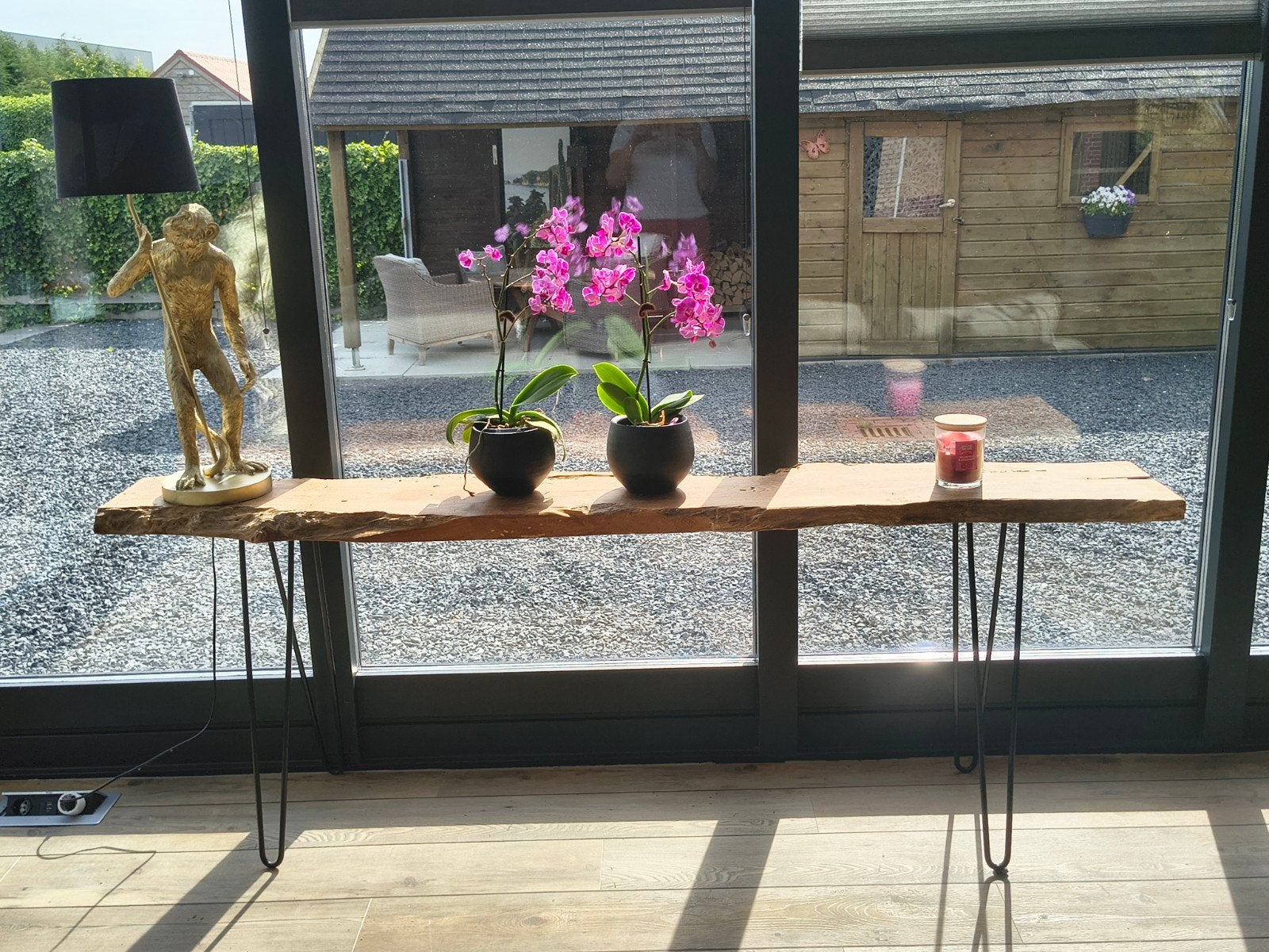 Lange smalle sidetable van hout met metalen poten, Ophalen, Gebruikt, 75 cm of meer, 60 cm of meer