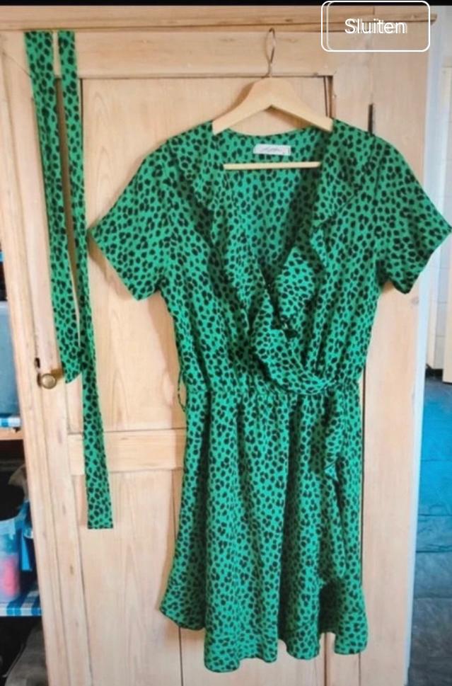 Groene jurk met dierenprint en strikceintuur, Ophalen, Zo goed als nieuw, Maat 36 (S), Boven de knie