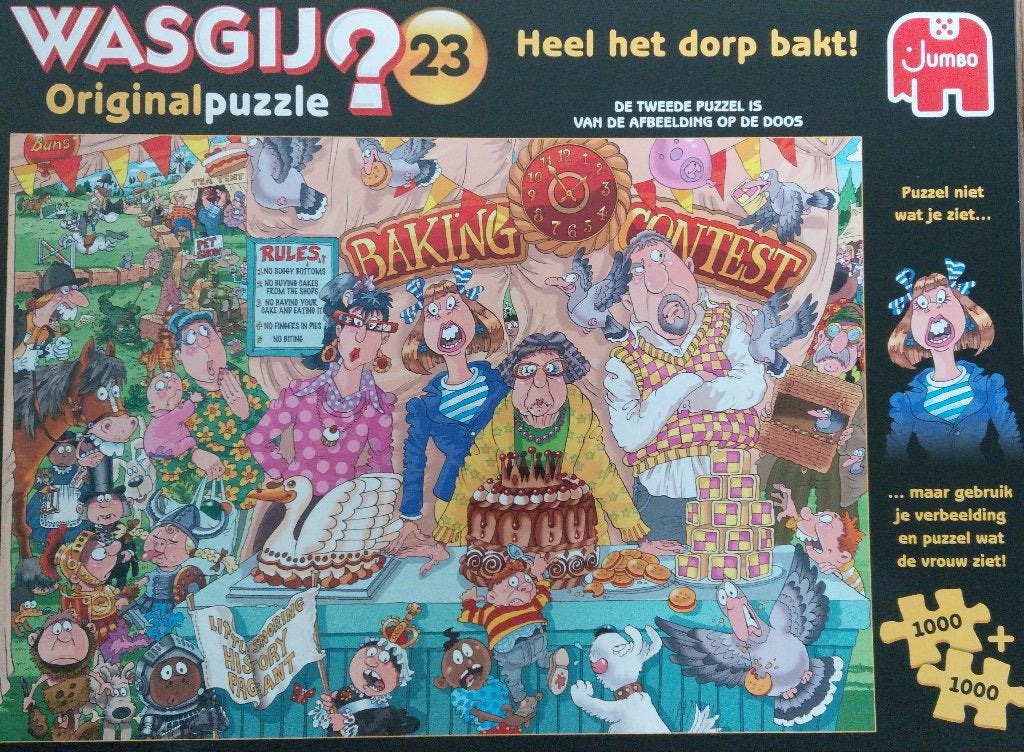 Wasgij dubbelpuzzel Heel het dorp bakt (O, 23), Ophalen of Verzenden, 500 t/m 1500 stukjes, Zo goed als nieuw, Legpuzzel